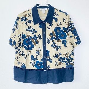 🍓 Dressbarn 16W Linen Blend Floral Boho Lagenlook Buttoned Front Neutral Top 16W